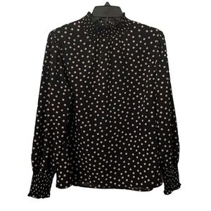 Sanctuary Women's Black/Tan Polkadot‎ Rushed Sleeve Mock Neck Top Size L